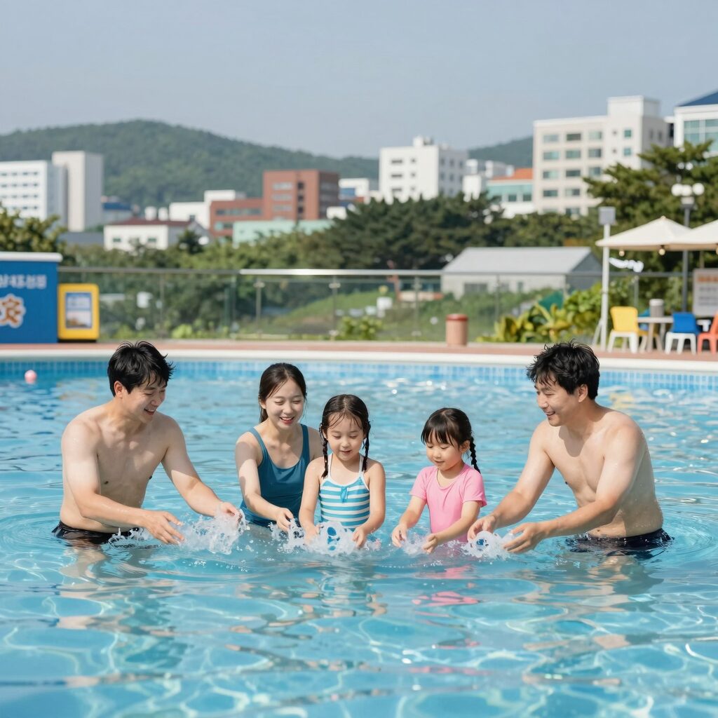 대구 동산계곡펜션 평상에서 가족이 물놀이하는 모습