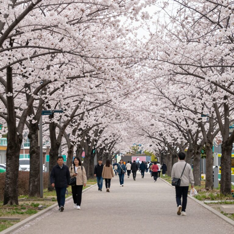 Seoul Dorimcheon cherry blossom tunnel with dense flowers and walking path