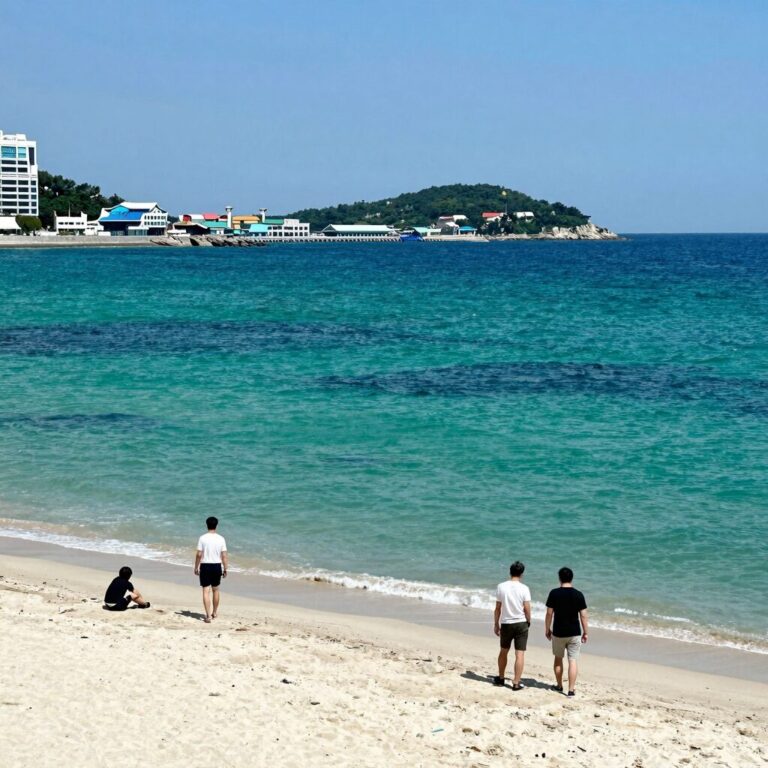 에메랄드빛 바다와 하얀 백사장이 펼쳐진 여름 배경화면 고화질 이미지