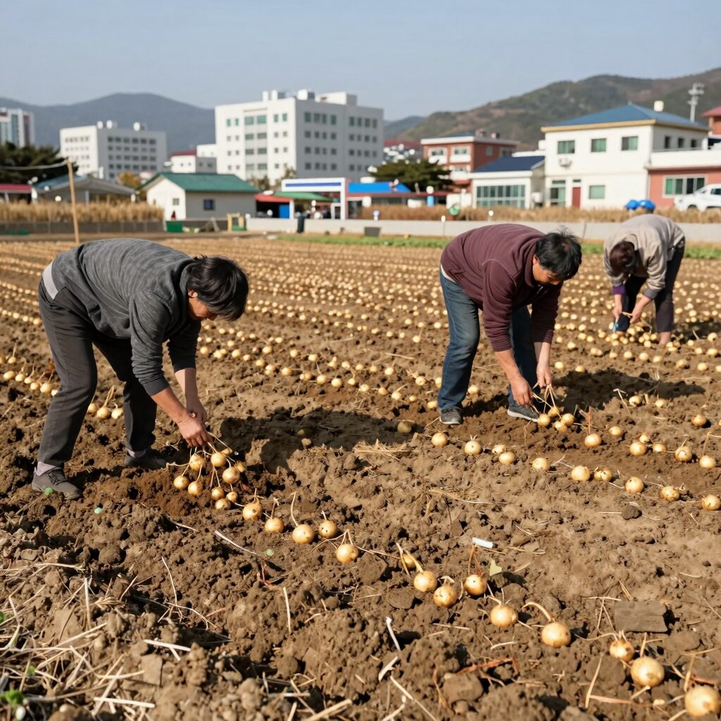 가을감자 씨감자를 흙에 심는 모습과 두둑 높이를 보여주는 이미지