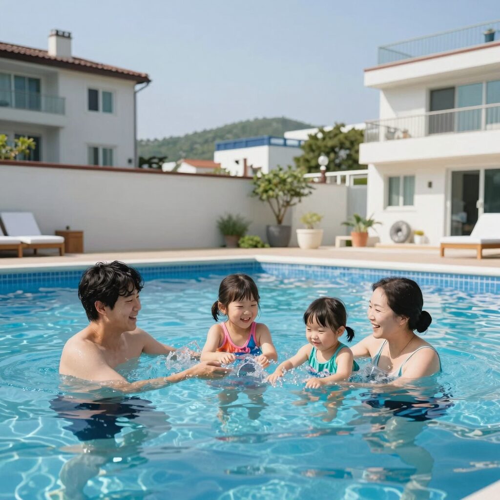 가족이 수영장에서 즐거운 시간을 보내는 풀빌라 펜션 모습