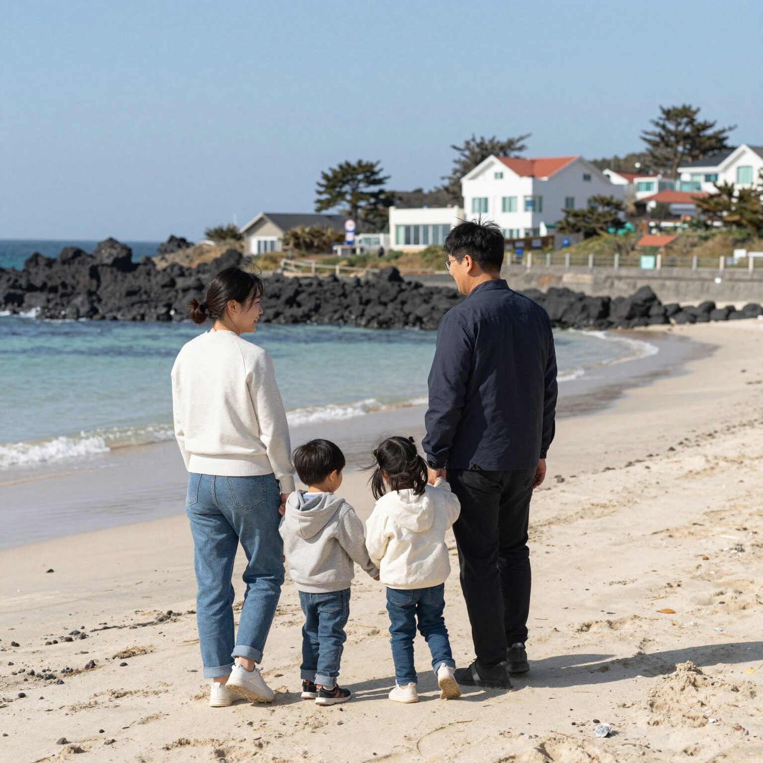 제주도 해변에서 즐거워하는 가족