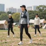 여성 래쉬가드 바지를 입고 캠핑장에서 활동하는 모습