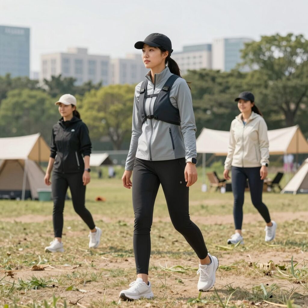 여성 래쉬가드 바지를 입고 캠핑장에서 활동하는 모습
