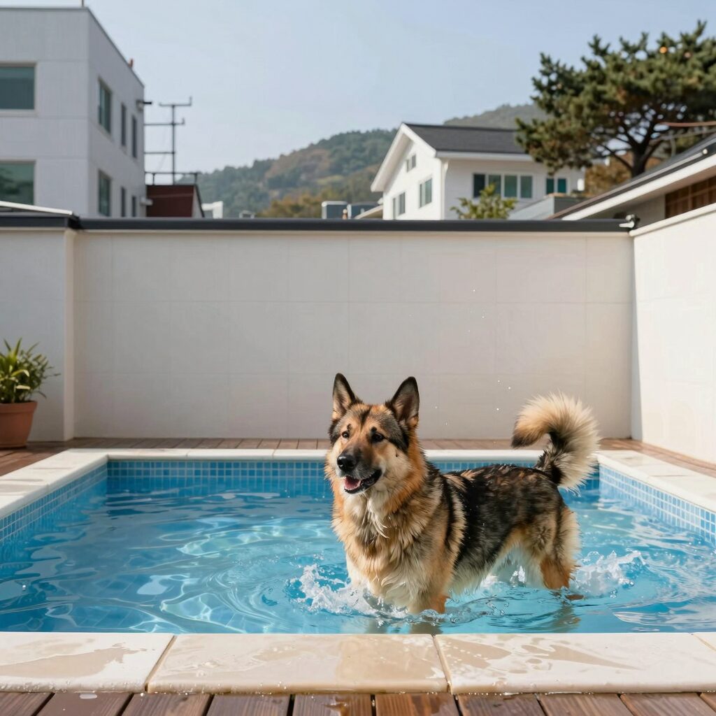 가평 가보자펜션 독채 객실 앞 개인 온수풀에서 대형견이 물놀이하는 모습