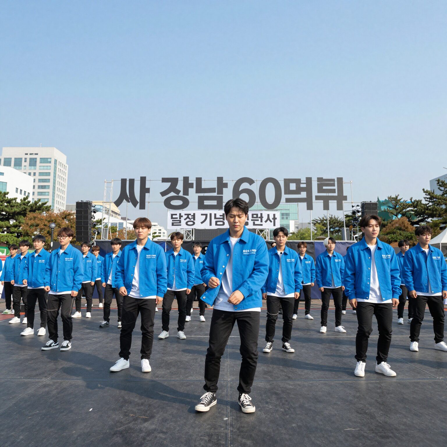 싸이 강남스타일 60억뷰 달성 기념 콘서트 현장, 하늘색 재킷을 입고 말춤을 추는 모습