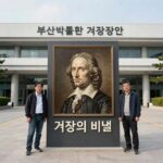 부산박물관 거장의 비밀 전시 입구 포토존 앞에서 찍은 인증샷. 셰익스피어 초상화와 전시 타이틀이 보인다.