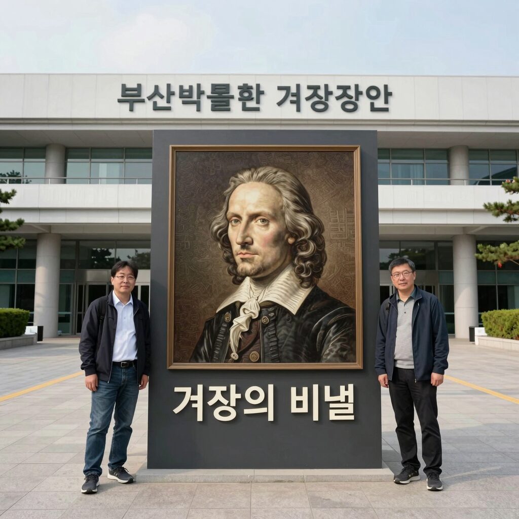 부산박물관 거장의 비밀 전시 입구 포토존 앞에서 찍은 인증샷. 셰익스피어 초상화와 전시 타이틀이 보인다.
