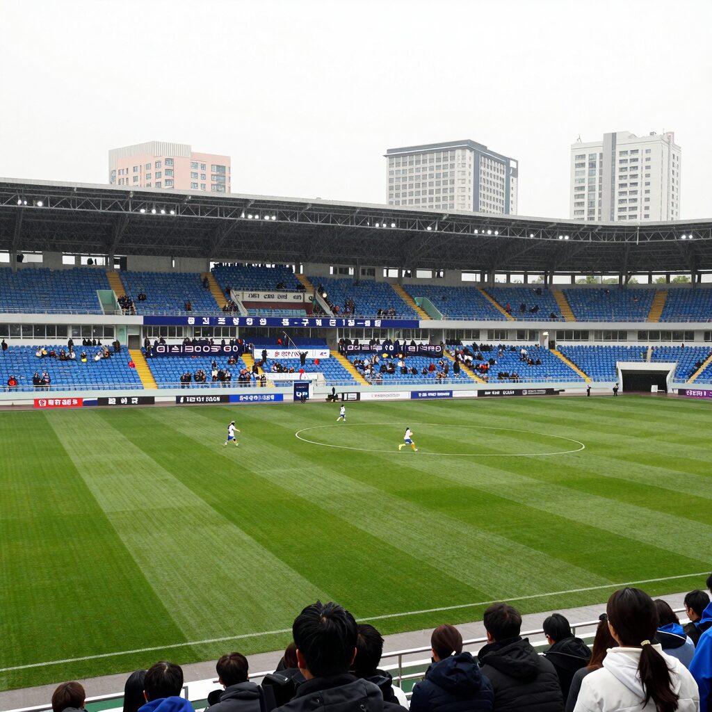 김포FC 홈구장 솔터축구장에서 열린 경기 모습, 비 오는 날씨에도 열정적인 응원