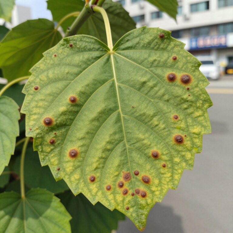고추 잎에 발생한 갈색무늬병 증상 사진