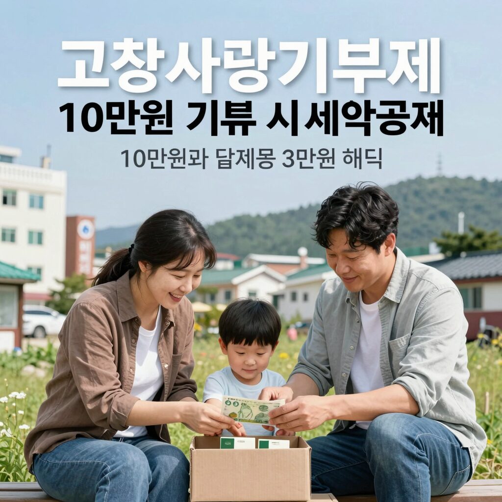 고향사랑기부제 10만원 기부 시 세액공제 10만원과 답례품 3만원 혜택을 설명하는 인포그래픽