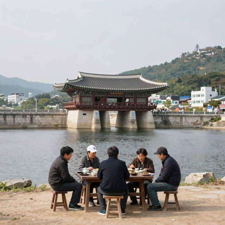 군남댐 아래 위치한 둔전나루 메기매운탕집 전경