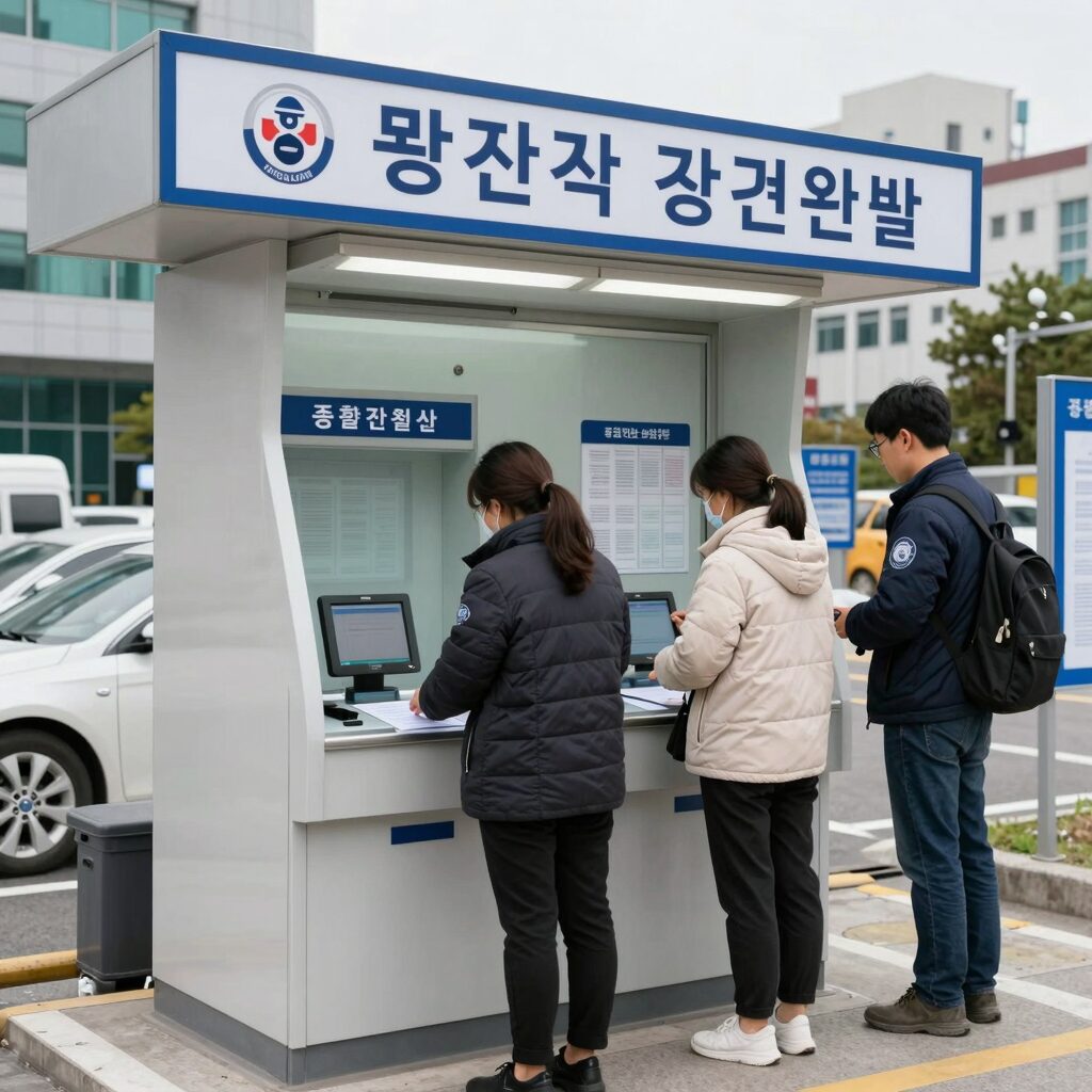 광주 광산경찰서 종합민원실 입구에 위치한 키오스크에서 번호표를 뽑는 모습