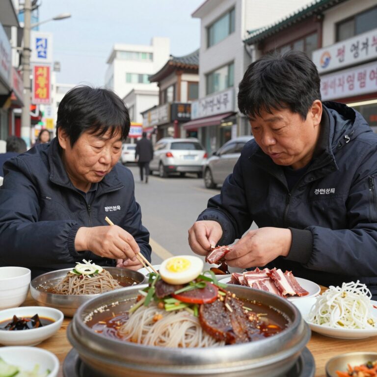 광명시장 정인면옥 평양냉면과 차돌박이 수육 모습