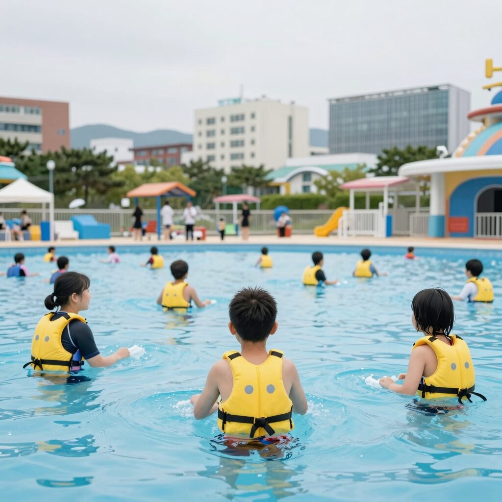 전남 광양수상레저 워터파크에서 구명조끼를 입고 물놀이하는 사람들