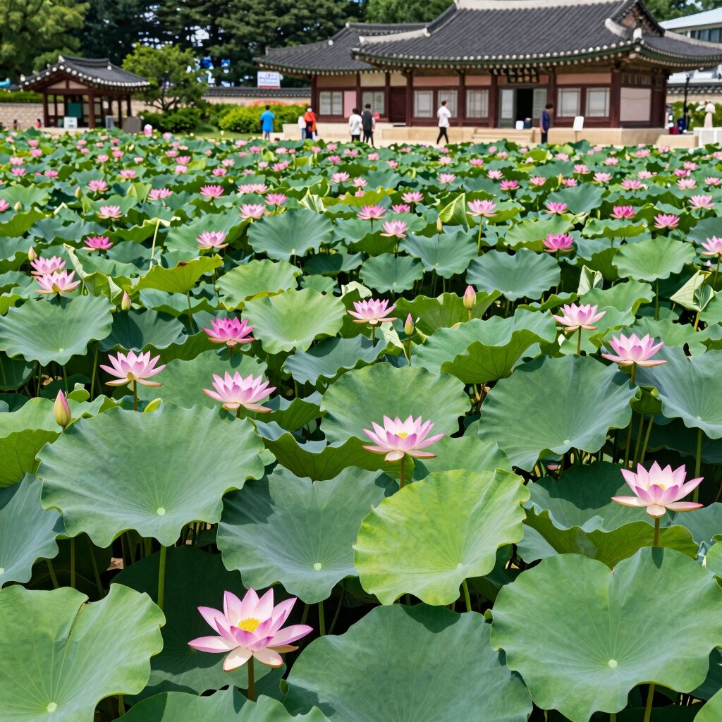 경주 동궁과월지 연꽃단지 7월 초 활짝 핀 연꽃과 연잎이 가득한 여름 풍경