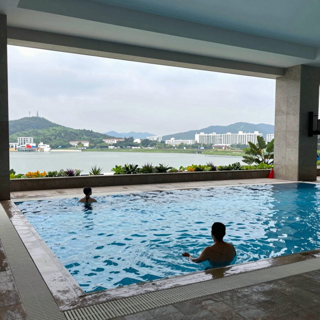 경주 힐튼 호텔 실내 및 야외 수영장 전경 여름 휴가
