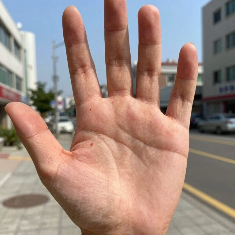 수족구 초기증상으로 손에 생긴 붉은 반점과 작은 물집 사진