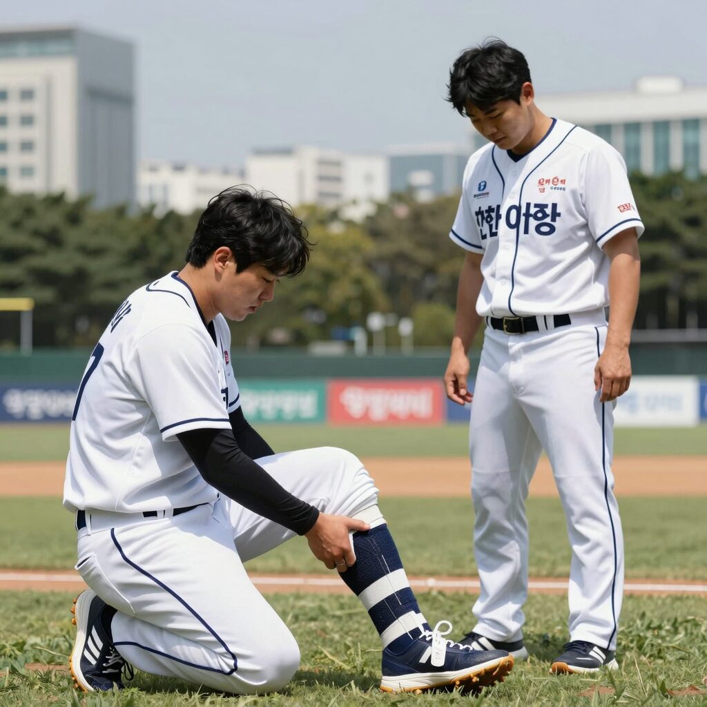 한화 이글스 화이트 선수가 허벅지를 감싸 쥔 부상 장면