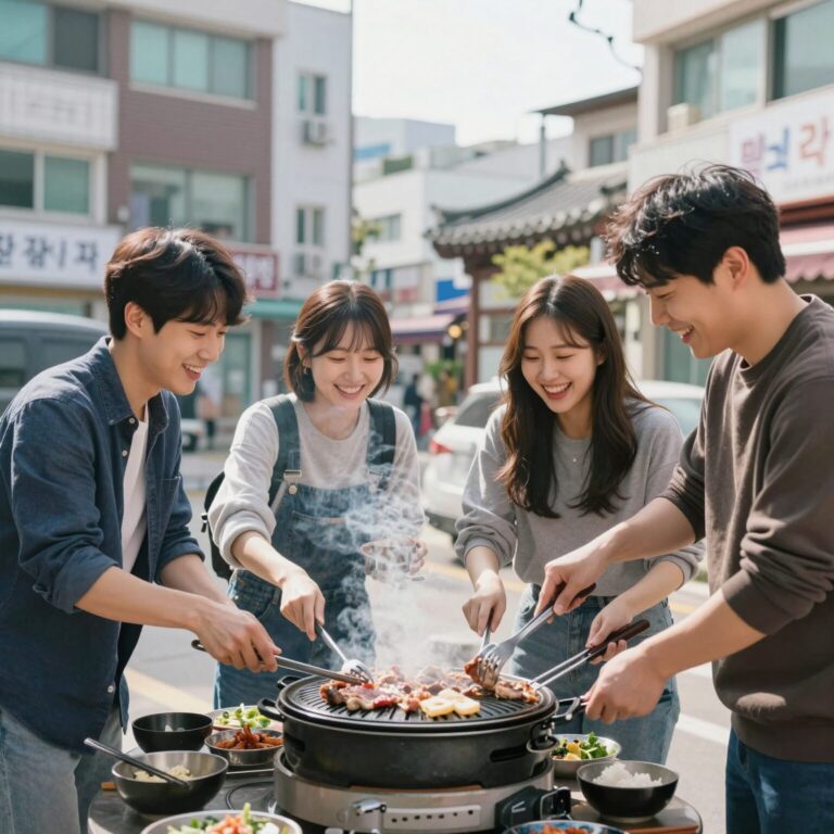 친구들과 함께 고기를 굽고 웃고 있는 즐거운 모습, 해피 투게더의 순간을 보여주는 사진