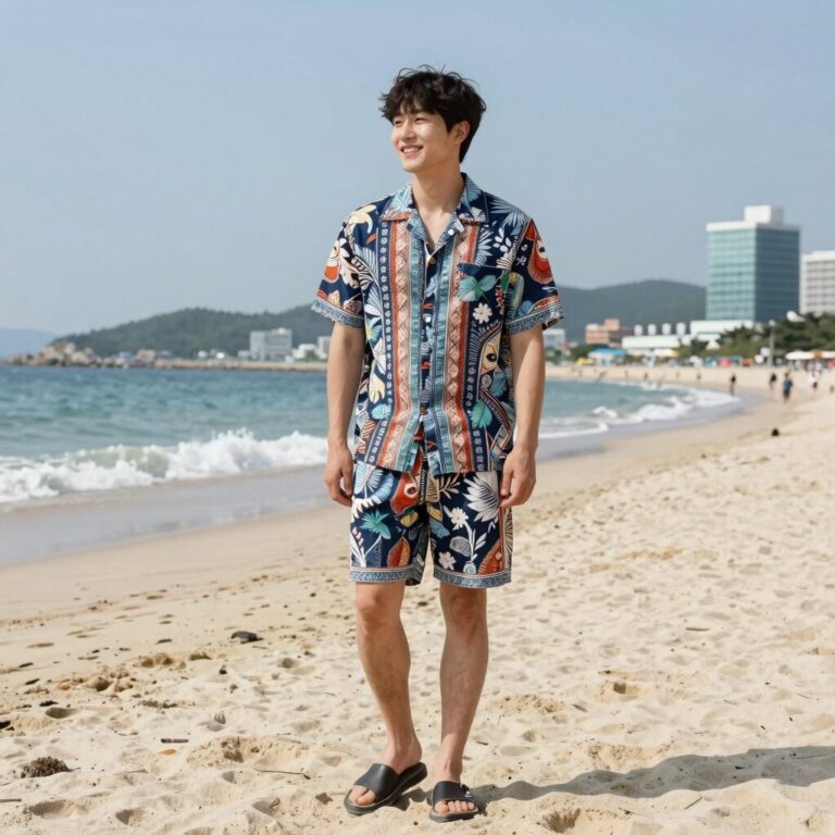 해변에서 하와이안 셔츠 세트를 입은 남성이 모래사장에 서서 웃고 있는 모습. 화려한 패턴의 셔츠와 반바지가 눈에 띈다.