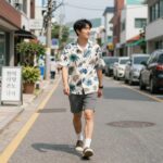 남자가 하와이안 셔츠를 입고 여름 거리를 걷는 모습, 시원하고 캐주얼한 스타일