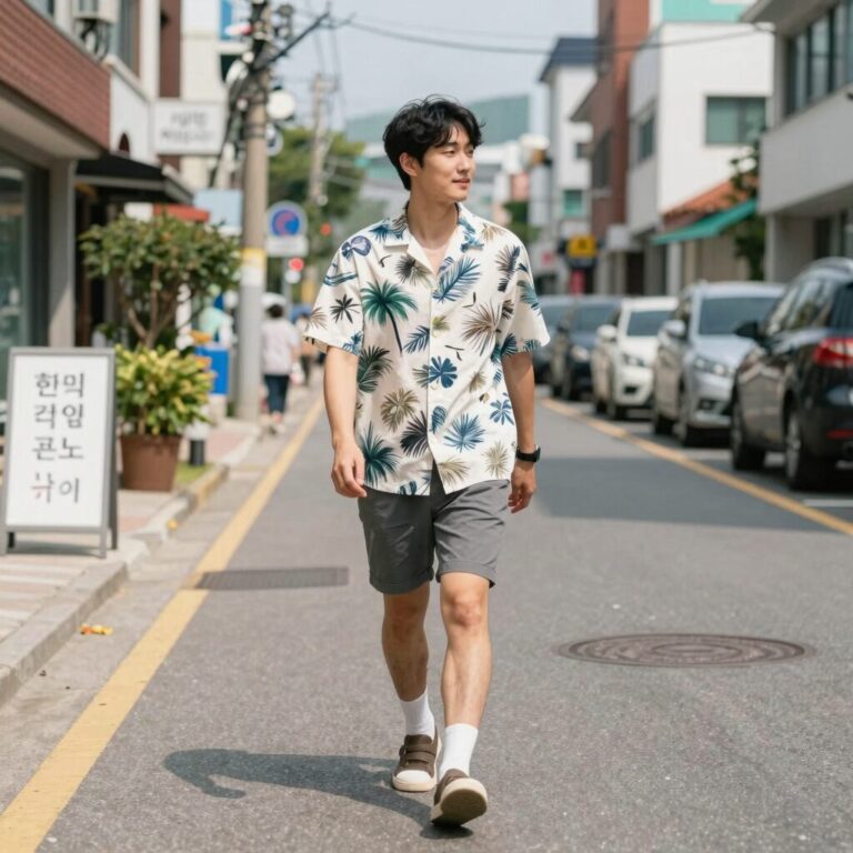 남자가 하와이안 셔츠를 입고 여름 거리를 걷는 모습, 시원하고 캐주얼한 스타일