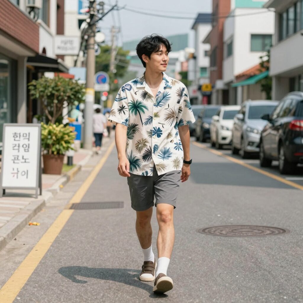 남자가 하와이안 셔츠를 입고 여름 거리를 걷는 모습, 시원하고 캐주얼한 스타일