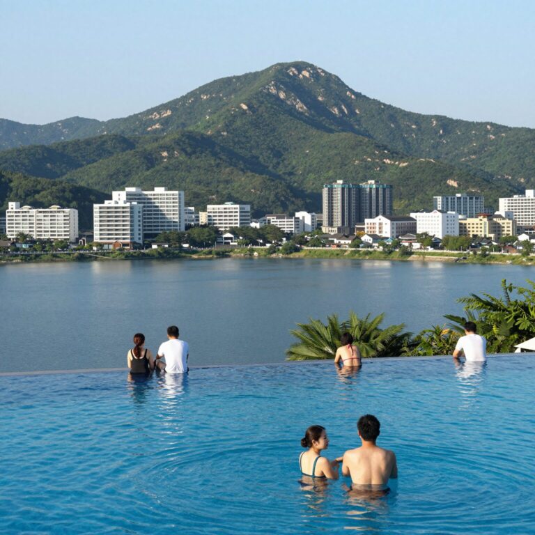 하동 비바체 리조트 100m 인피니티풀에서 바라본 하동호수와 지리산 전경