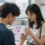 HIV 초기 증상 기록과 체온 변화를 노트에 적는 모습