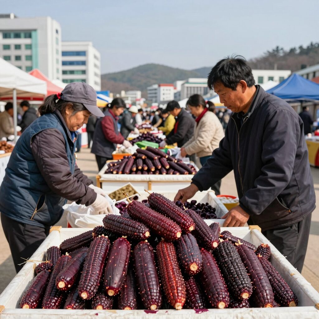 홍천 찰옥수수 축제 행사장에서 갓 쪄낸 찰옥수수를 판매하는 모습