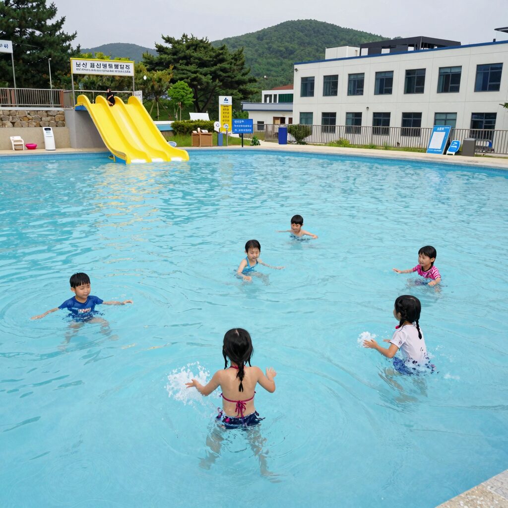 논산 황산벌오토캠핑장 대형 온수수영장, 아이들이 슬라이드를 타고 물놀이 하는 모습