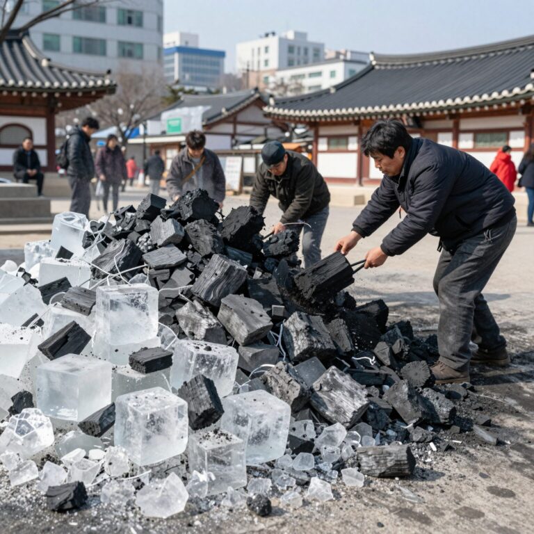 빙탄불상용 얼음과 숯이 충돌하는 이미지