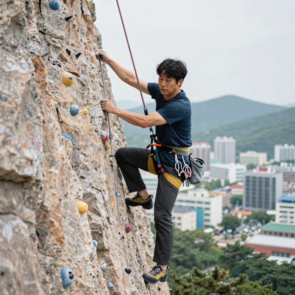 개그맨 이봉원 나이 59세에 도전한 인제 아이언웨이 암벽등반 모습. 안전장비 착용 후 정상 향하는 모습.