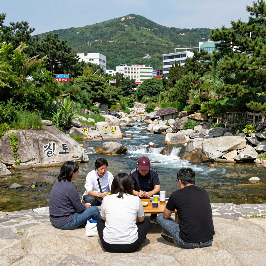 장흥 유원지 계곡 맛집 신털뫼의 평상 자리와 계곡 전경