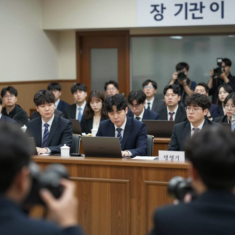 장윤기 사건 법정 모습과 언론 취재진이 모여 있는 화면
