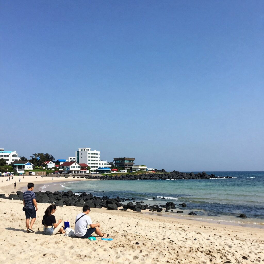 제주도 8월 해변에서 소나기 후 맑아진 하늘