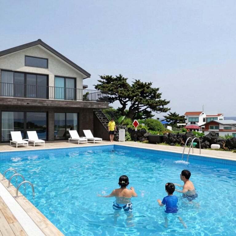 제주도 펜션 수영장 독채 풀빌라에서 가족이 물놀이를 즐기는 모습