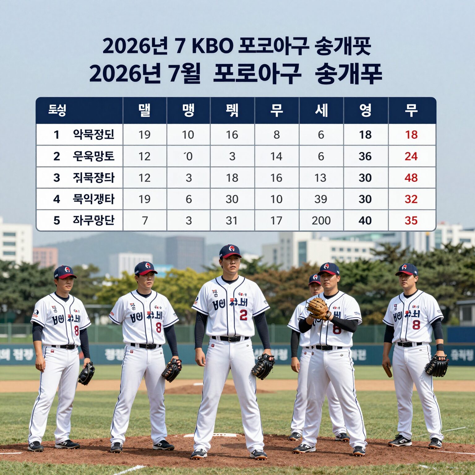 2026년 7월 KBO 프로야구 순위표 그래프와 팀 로고