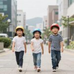 아이가 키즈 플랩캡을 쓰고 야외에서 즐거워하는 모습