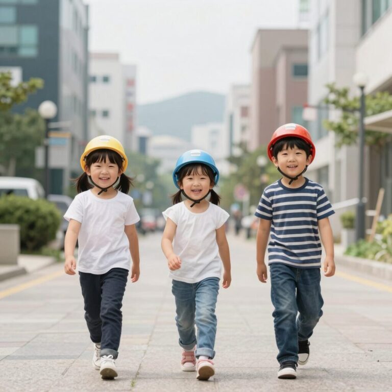 아이가 키즈 플랩캡을 쓰고 야외에서 즐거워하는 모습