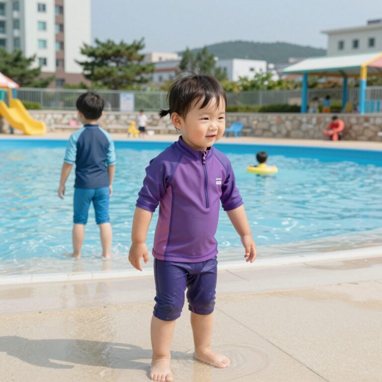 아이가 유아 래쉬가드 세트를 입고 워터파크에서 즐거워하는 모습