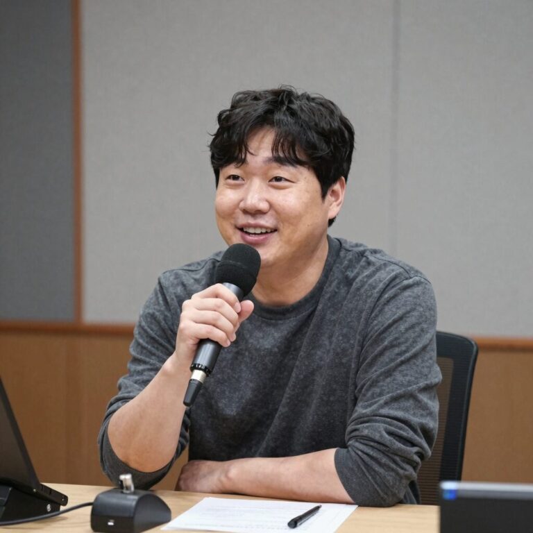 김준상 아나운서가 방송 스튜디오에서 마이크를 잡고 미소 짓는 모습