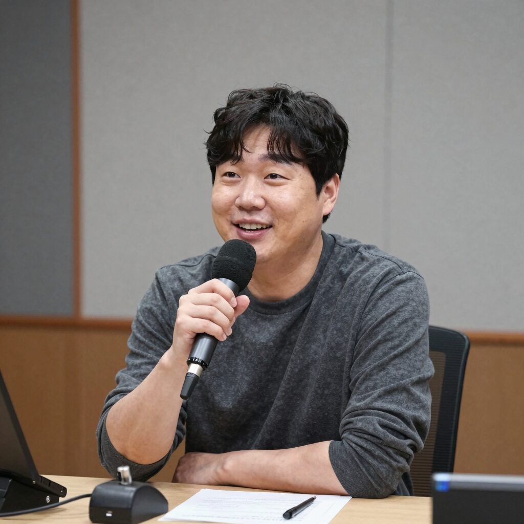 김준상 아나운서가 방송 스튜디오에서 마이크를 잡고 미소 짓는 모습