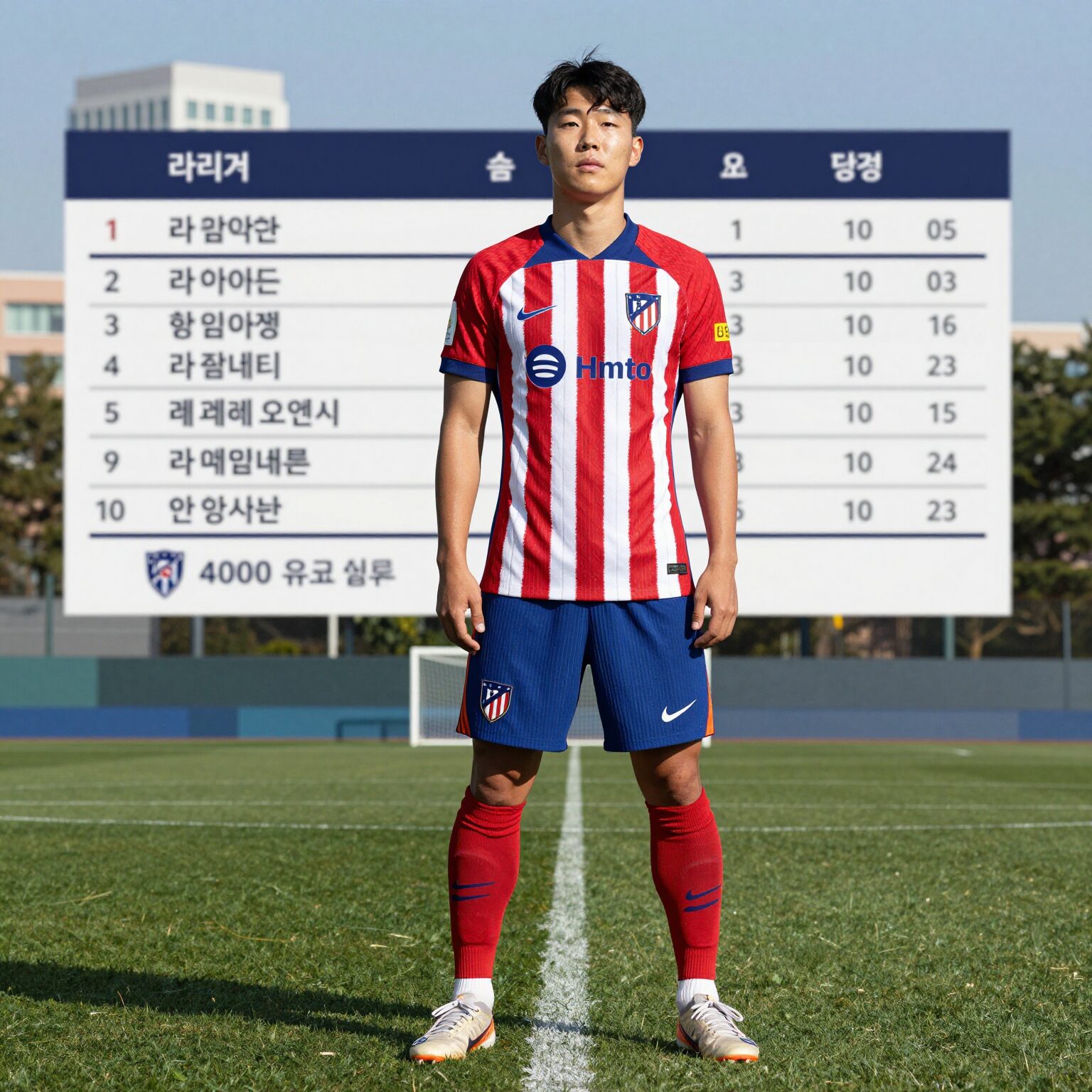 이강인 아틀레티코 마드리드 유니폼을 입고 포즈를 취하는 모습. 배경에는 라리가 순위표와 4000만 유로 이적료 표시