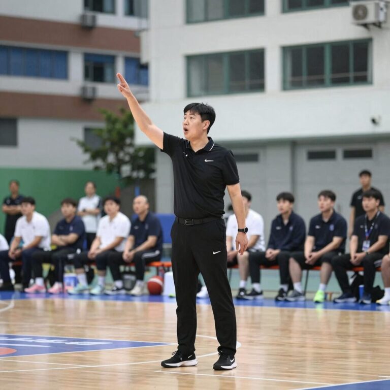 농구 감독 이상민이 경기 중 전술 지시를 내리는 모습