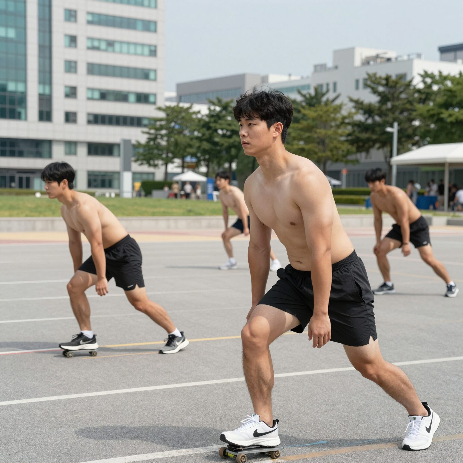 헬스장에서 남자 비치 반바지를 입고 운동하는 모습