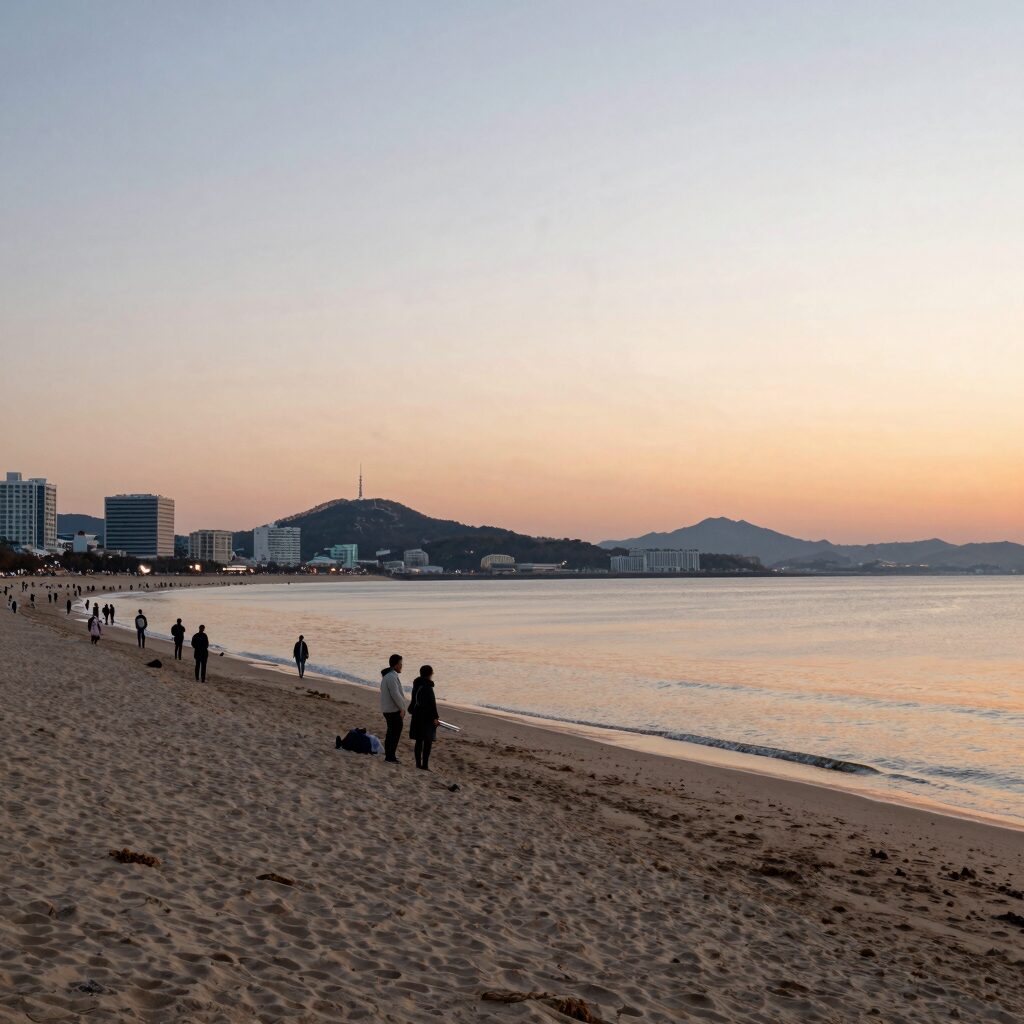 동해 망상해수욕장에서 바라본 일몰과 모래사장 전경