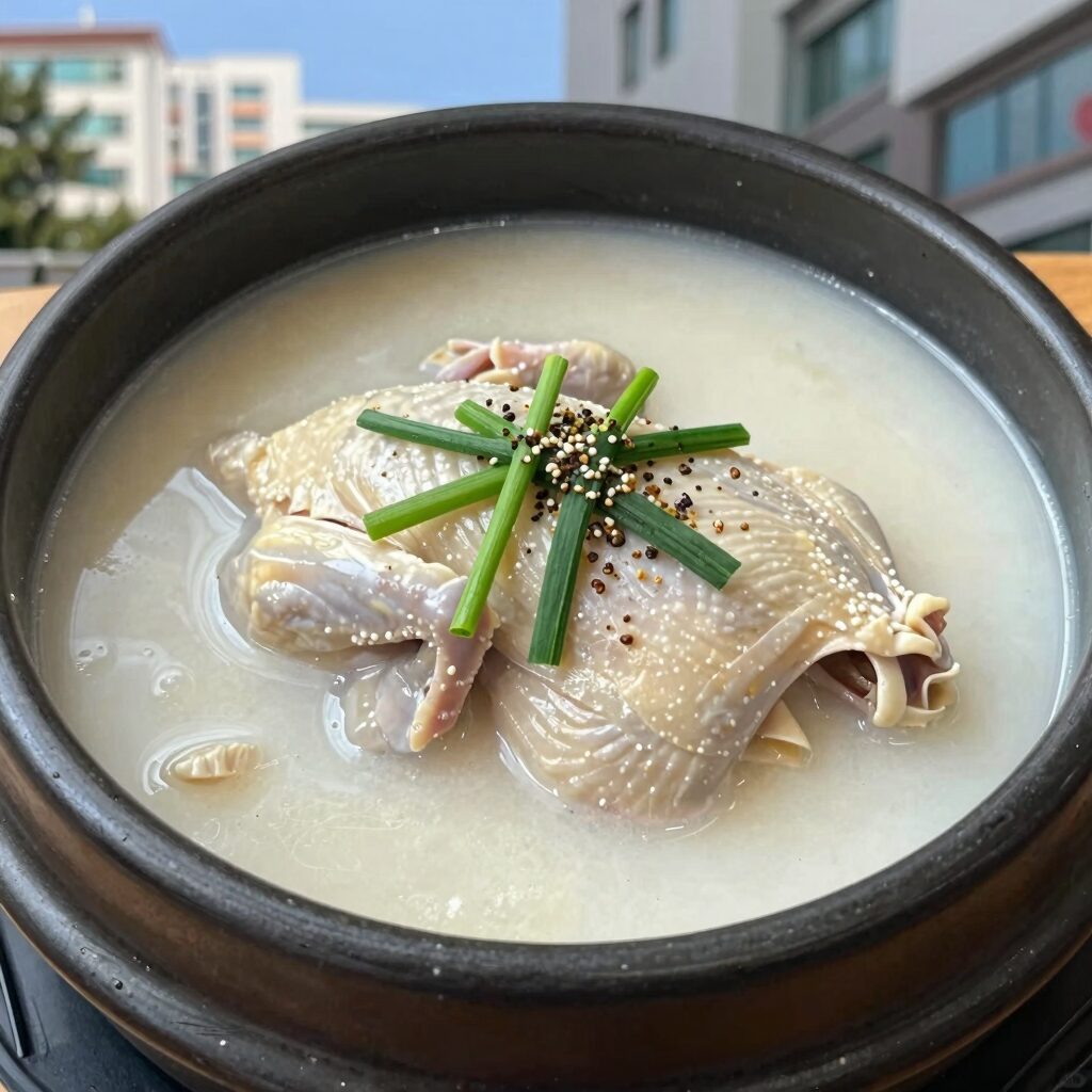 마니커 녹두 삼계탕 그릇에 담긴 닭 한 마리와 뽀얀 국물, 대파와 후추가 뿌려진 모습