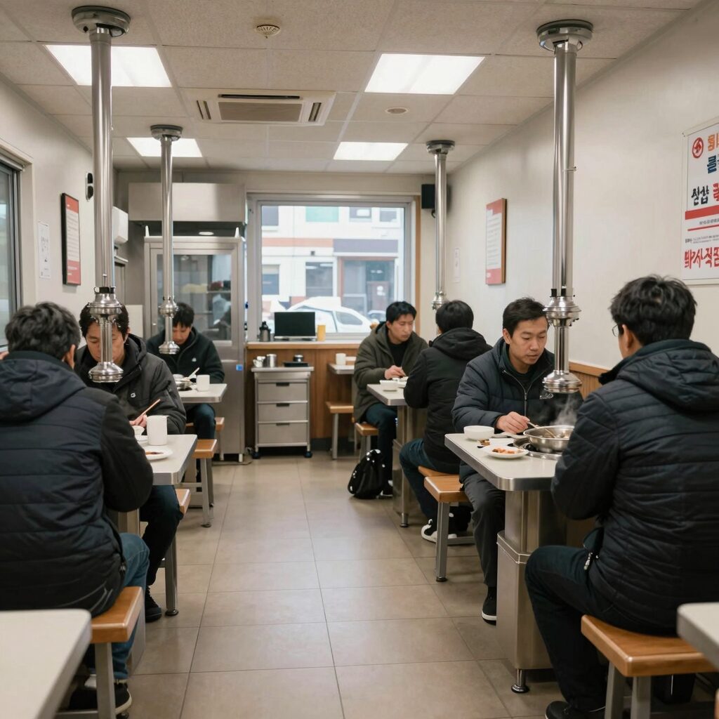 마삼계탕 뱅뱅사거리점 내부 모습 깔끔한 좌석과 오픈 주방